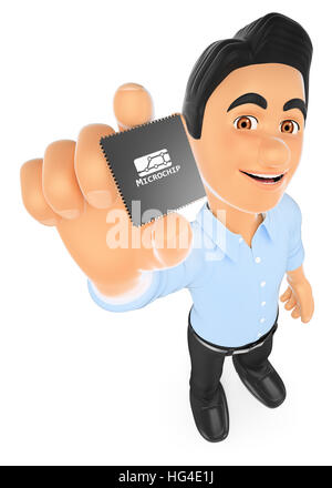 3d working people illustration. Information technology technician showing a microprocessor. Isolated white background. Stock Photo