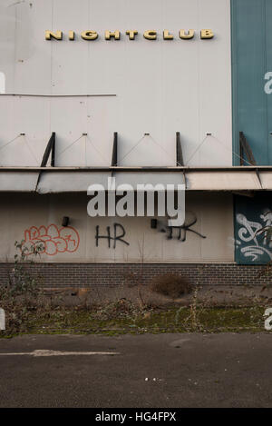 The exterior of a closed and abandoned nightclub Stock Photo