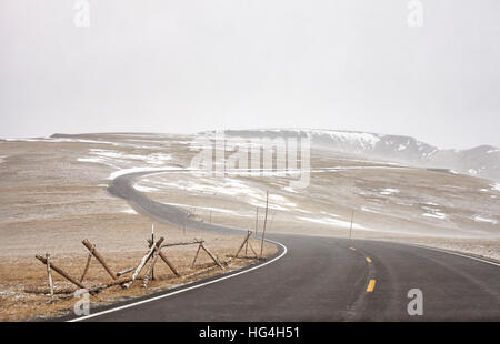 Trail Ridge Road during a blizzard in Rocky Mountains National Park, Colorado, USA. Stock Photo