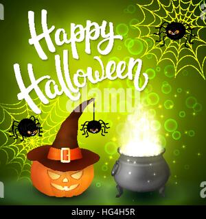 Halloween greeting card with witch cauldron, hat, pumpkin, angry spiders, net and brush lettering on green background with bubbles. Decoration for poster, banner, flyer design. Vector illustration. Stock Vector