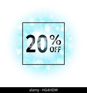 Sale banner 20 percents off on abstract explosion background with blue glittering elements. Burst of glowing star. Dust firework light effect. Sparkles splash powder background. Vector illustration. Stock Vector