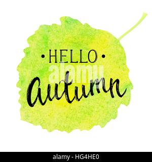 Fall banner with textured brush lettering on abstract watercolor leaf shaped background. Hello autumn. Hand drawn calligraphy seasonal design. Vector illustration. EPS 10. Stock Vector
