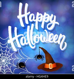 Halloween greeting card with witch hat, angry spiders and 3d brush lettering on blue background with bokeh elements. Decoration for poster, banner, flyer design. Vector illustration. Stock Vector