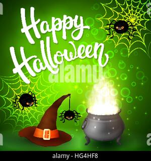 Halloween greeting card with witch cauldron, hat, angry spiders, net and brush lettering on green background with bubbles. Decoration for poster, banner, flyer design. Vector illustration. Stock Vector