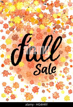 Fall sale lettering banner. Seasonal discount autumn poster with textured hand drawn typography and colorful leaves on abstract watercolor background. Vector illustration. Stock Vector