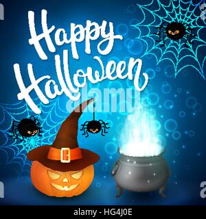 Halloween greeting card with witch cauldron, hat, pumpkin, angry spiders, net and brush lettering on blue background with bubbles. Decoration for poster, banner, flyer design. Vector illustration. Stock Vector