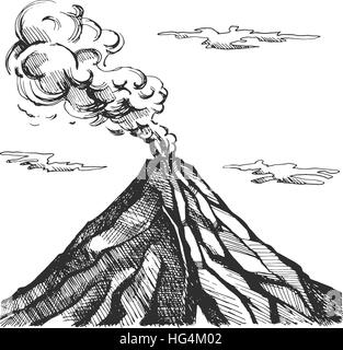 Vector sketch of the volcano. The eruption and smoke against the sky with clouds. Stock Vector