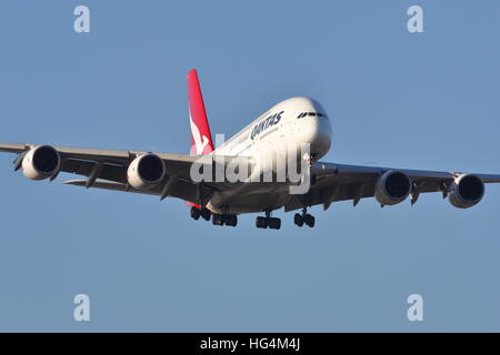 Qantas Airbus A380-800 VH-OQG landing at London Heathrow Airport, UK Stock Photo