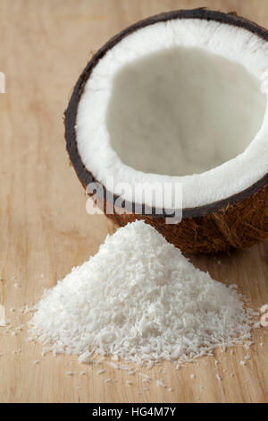 Coconuts with white shredded coconut meat close up Stock Photo