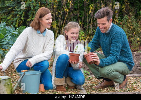 Attractive, successful and happy family, man, woman, girl child, mother, father and daughter gardening together in a garden vegetable patch Stock Photo