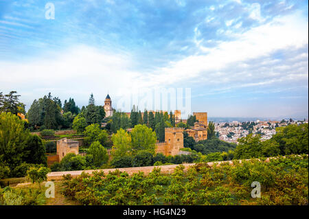 Alhambra in Granada, view to the Nasrid Palace and the Alcazaba, seen from the gardens of the Generalife, Andalusia, Spain Stock Photo