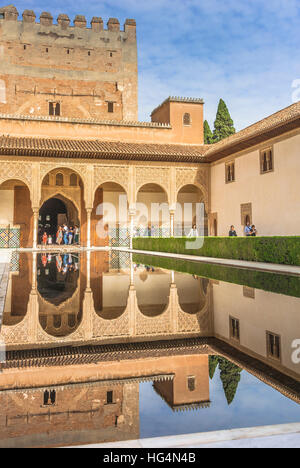 Patio de los Arrayanes, Court of the Myrtles, courtyard of the Nasrid Palace and the Torre Comares and reflection, Alhambra,Granada, Andalusia, Spain Stock Photo