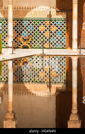 Patio de los Arrayanes, Court of the Myrtles and reflection in the water, Nasrid Palace, Alhambra in Granada, Andalusia, Spain Stock Photo