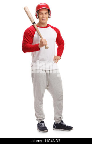 Full length portrait of a male baseball player posing with a bat isolated on white background Stock Photo