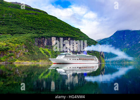 Cruise Ship, Cruise Liners On Geiranger fjord, Norway Stock Photo
