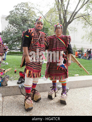 Pujllay dancers of the Quechuan people of Bolivia , in traditional clothes preparing for Latino festival - Washington, DC USA Stock Photo