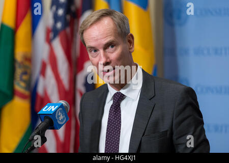 New York, USA. 04th Jan, 2017. Following United Nations Security Consultations on the humanitarian situation in Iraq, Council President for the month of January Swedish Ambassador Olof Skoog spoke with the press at the Security Council stakeout at UN Headquarters in New York. © Albin Lohr-Jones/Pacific Press/Alamy Live News Stock Photo