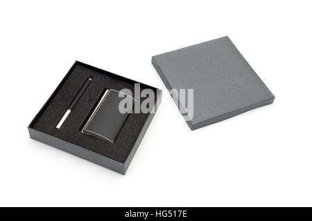 Visit card holder and pen in gift box Stock Photo