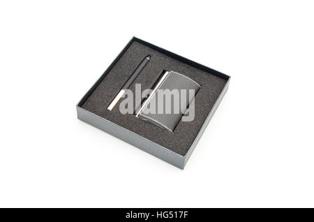 Visit card holder and pen in gift box Stock Photo