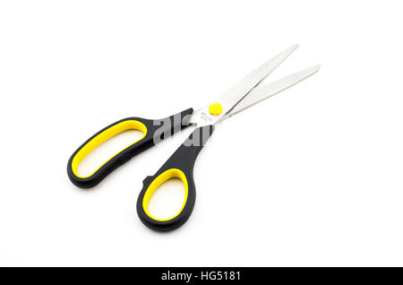 Black Scissors with yellow elements isolated on white background Stock Photo