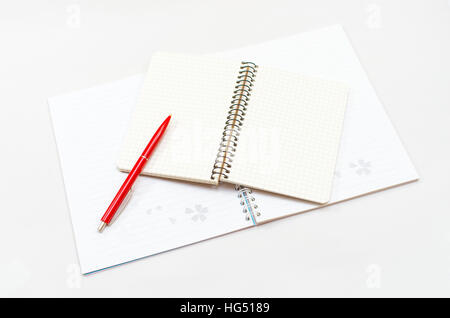 Opened new notebook and red pencil placed on the gray background Stock Photo