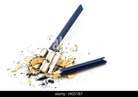 Blue broken pencil in the sharpening and shavings around isolated in white background Stock Photo