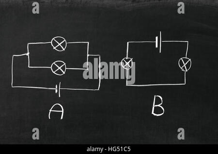 The electrical diagram drawn on a blackboard with chalk Stock Photo