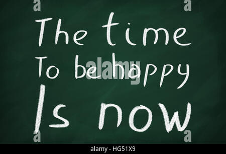 On the blackboard write The time to be happy is now Stock Photo