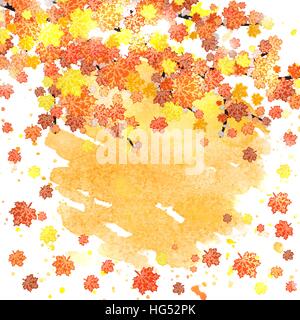 Autumn banner template with blank space for your text. Seasonal fall poster with colorful leaves on abstract watercolor background. Vector illustration. Stock Vector