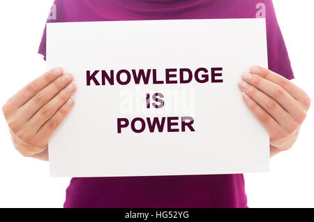 Girl holding white paper sheet with text Knowledge is power Stock Photo