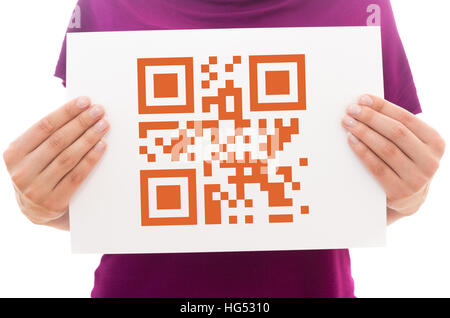 Girl holding white paper sheet with QR code Stock Photo