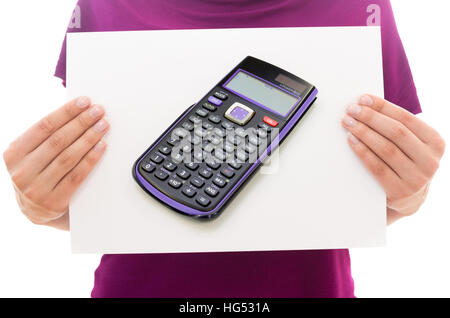Girl holding white paper sheet with Photo of Scientific calculator Stock Photo