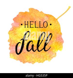 Autumn banner with textured brush lettering on abstract watercolor leaf shaped background. Hello fall. Hand drawn calligraphy seasonal design. Vector illustration. EPS 10. Stock Vector