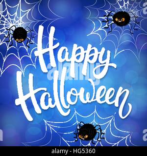 Halloween greeting card with angry spiders, net and black brush lettering on blue background with bokeh elements. Decoration for poster, banner, flyer design. Vector illustration. Stock Vector