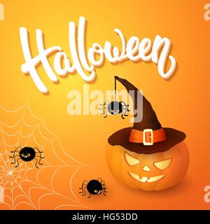 Halloween greeting card with pumpkin wearing hat, angry spiders, web and 3d brush lettering on orange background. Decoration for poster, banner, flyer design. Vector illustration. Stock Vector