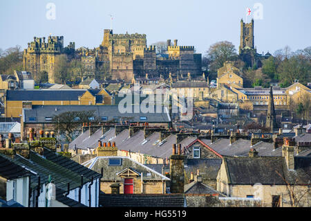 Lancaster Castle and Priory Church Lancaster England seen over the town centre from the east Stock Photo