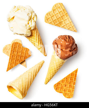 Ice cream with melting scoops, waffle cone and wafer hearts collection. Summer sweet dessert. Design elements isolated on white background. Flat lay, Stock Photo