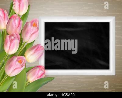 Pink tulips with blank black chalkboard. EPS 10 Stock Vector