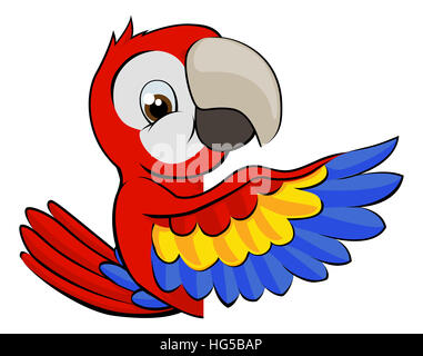 Cute cartoon parrot mascot peeking around a sign and pointing with a ...