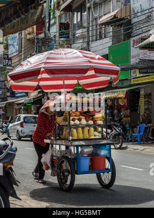 Vietnamese woman selling fresh fruit on a hand cart in Saigon, Ho Chi Minh City, Vietnam. Stock Photo