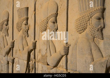 Carved relief of Royal Persian Guards, Apadana Palace, Persepolis, UNESCO, Iran, Middle East Stock Photo