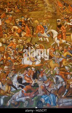 Mural of Battle of Chaldoran 1518 AD, Chehel Sotun (Chehel Sotoun) (40 Columns) Palace, Isfahan, Iran, Middle East Stock Photo