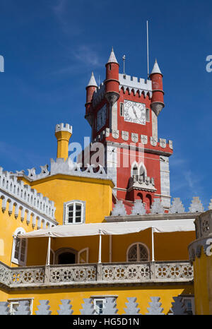 Queens Terrace in foreground and Clock Tower, Penna National Palace, Sintra, UNESCO, Portugal Stock Photo