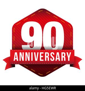 Ninety year anniversary badge with red ribbon Stock Vector