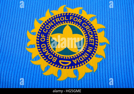 LONDON, UK - OCTOBER 15TH 2015: The badge for the Indian International Cricket Team embroidered onto a players shirt. Stock Photo