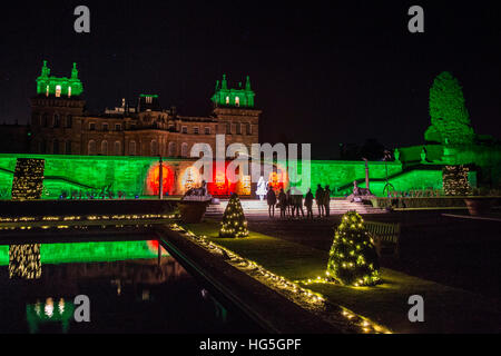 The gardens of Blenheim Palace are lit up with festive lights for the christmas season. Stock Photo