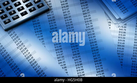 Accounting papers with numbers are spread with a calculator in the image. Stock Photo