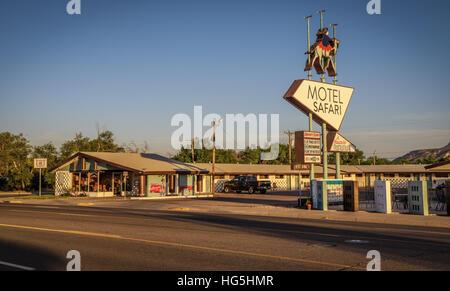 TUCUMCARI, NEW MEXICO - MAY 13, 2016 : Motel Safari neon sign and building located directly on historic Route 66 in New Mexico. Stock Photo