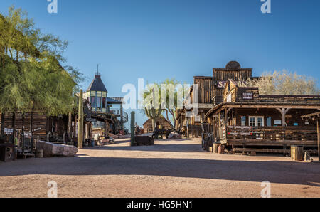 Old wooden buildings in Goldfield Ghost town. Goldfield, later Youngsberg was a gold mining town, now a ghost town in Pinal County, Arizona. Stock Photo