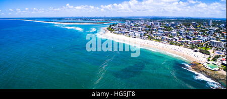 Aerial view of Kings Beach, Bribie Island, and Pumicestone Passage at Caloundra on the Sunshine Coast of Queensland, Australia. Stock Photo